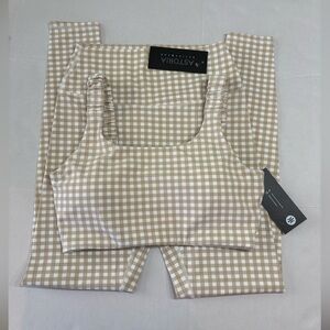 ASTORIA beige gingham sports bra and leggings set, size large NWT
